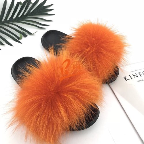 BLRO Orange Raccoon Fur Slippers