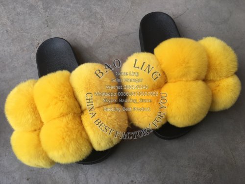 BLFFSY Yellow Fur Balls Pompom Rex Rabbit Fur Slippers