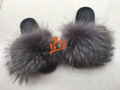 BLRG Grey Raccoon Fur Slippers