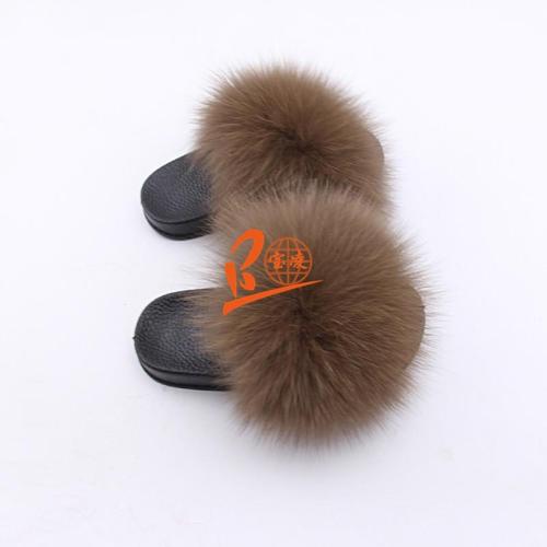 BLK02 Brown or Customized Color Black Sole Kids Fox Fur Slippers