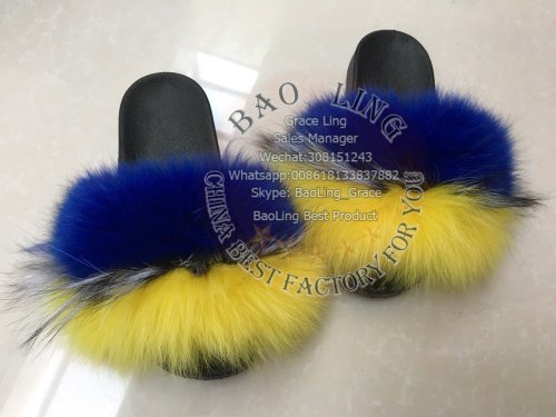 BLRBBY Biggest Blue Yellow Fox Raccoon Fur Slippers