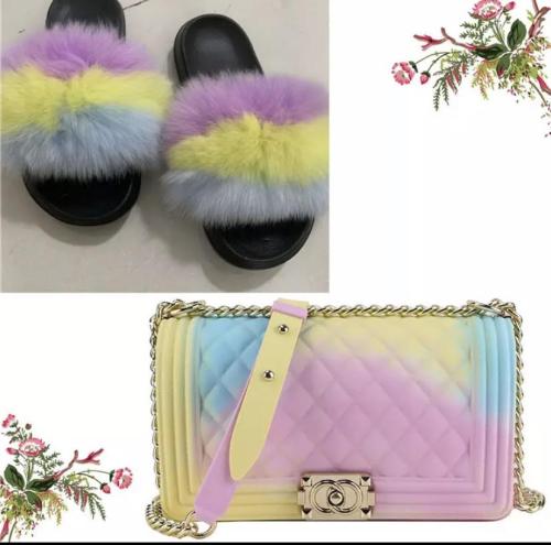 BLSB29 Fox Fur Slides Slippers with handbag Purse One Set