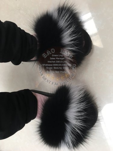 BLFRBWB Black White Black Fox Raccoon Fur Slippers