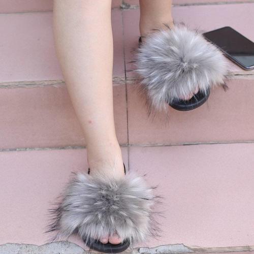 BLTFAUX02 Grey Faux Fur Slides Slippers