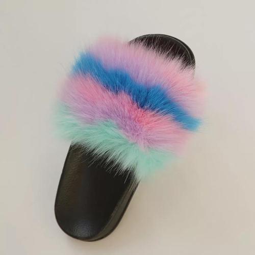 BLFAUXR Rainbow Colorful Horizontal Faux Fur Slides Slippers