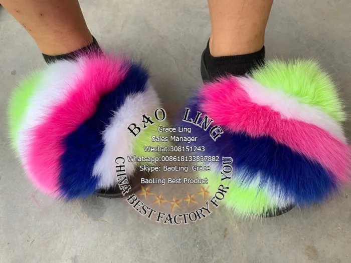 BLFBC12 Biggest Colorful Rainbow Fox Fur Slides Slippers