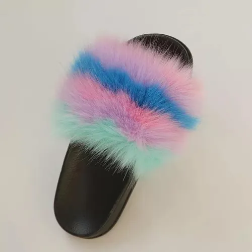 BLTFAUX12 Faux Colorful Rainbow Fur Slides Slippers