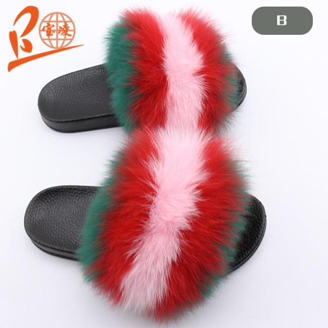 BLFGRP Green Red Pink Fox Fur Slippers