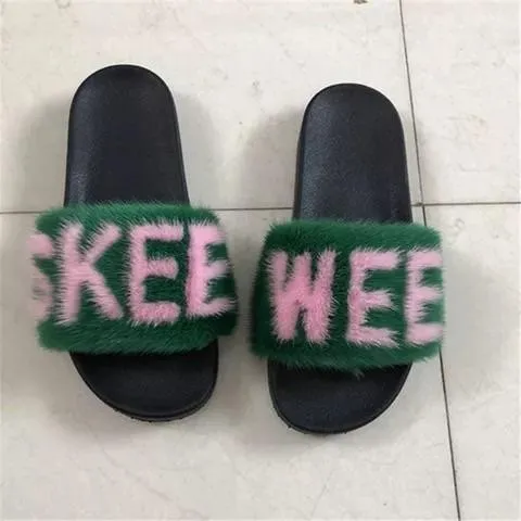 BLMGP Green Pink Customized Mink Fur Slides Slippers