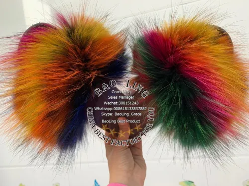 BLRBC Biggest Colorful Rainbow Horizontal Raccoon Fur Slippers Slides