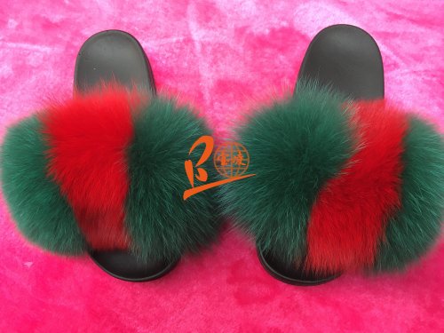 BLFGR GREEN SPLAT RED Fox Fur Slippers