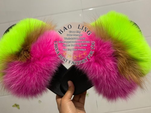 BLFBFLG Biggest Fuscia Lime Green Fox Fur Slides