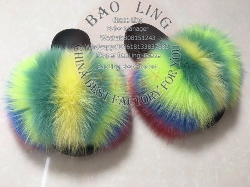 BLFBR Biggest Rainbow Fox Fur Slides