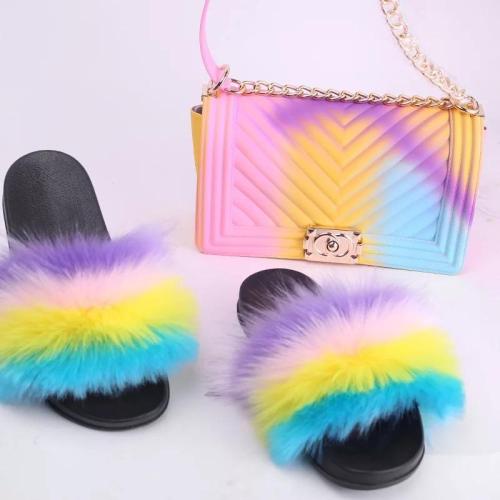 BLSB07 Faux Fur Slides Slippers with handbag Purse One Set