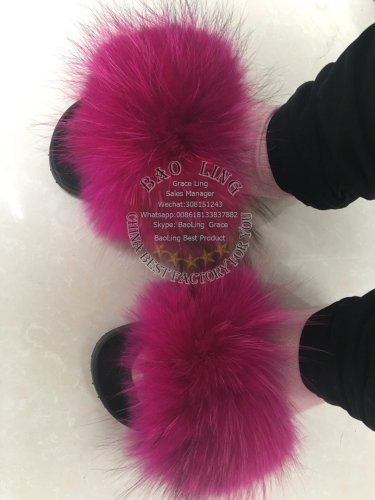 BLRHP Hot Pink Natural Raccoon Fur Slippers Slide