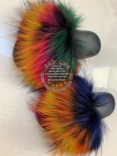 BLRBC Biggest Colorful Rainbow Horizontal Raccoon Fur Slippers Slides