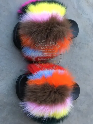 BLFBR Biggest Rainbow Colorful Fox Fur Slippers Slides