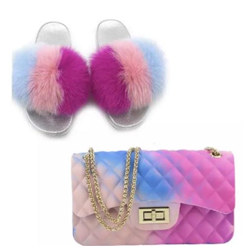 BLSB001 Fox Fur Slides Slippers with handbag Purse One Set