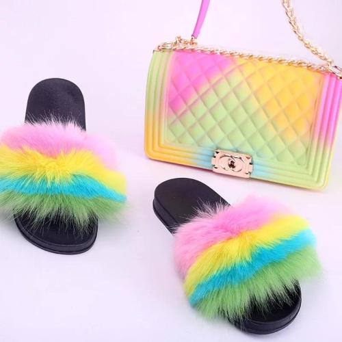 BLSB08 Faux Fur Slides Slippers with handbag Purse One Set