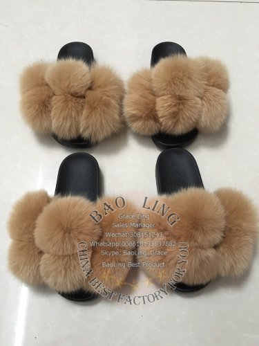 BLFPC Camel Fur Ball Pompom Fox Fur Slippers