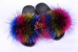 BLRC Rainbow Multiple Color Splat Colorful Raccoon Fur Slippers