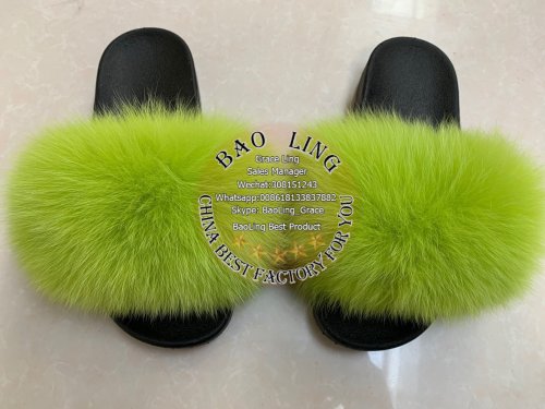 BLFLG Lime Green Fox Fur Slippers Slides