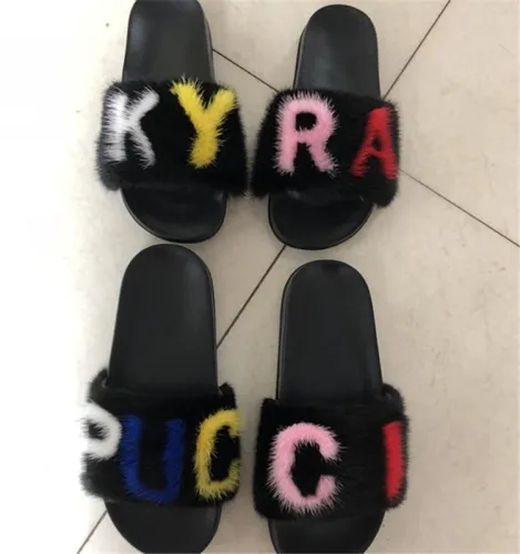 BLMBC Rainbow Letters Customized Mink Fur Slides Slippers