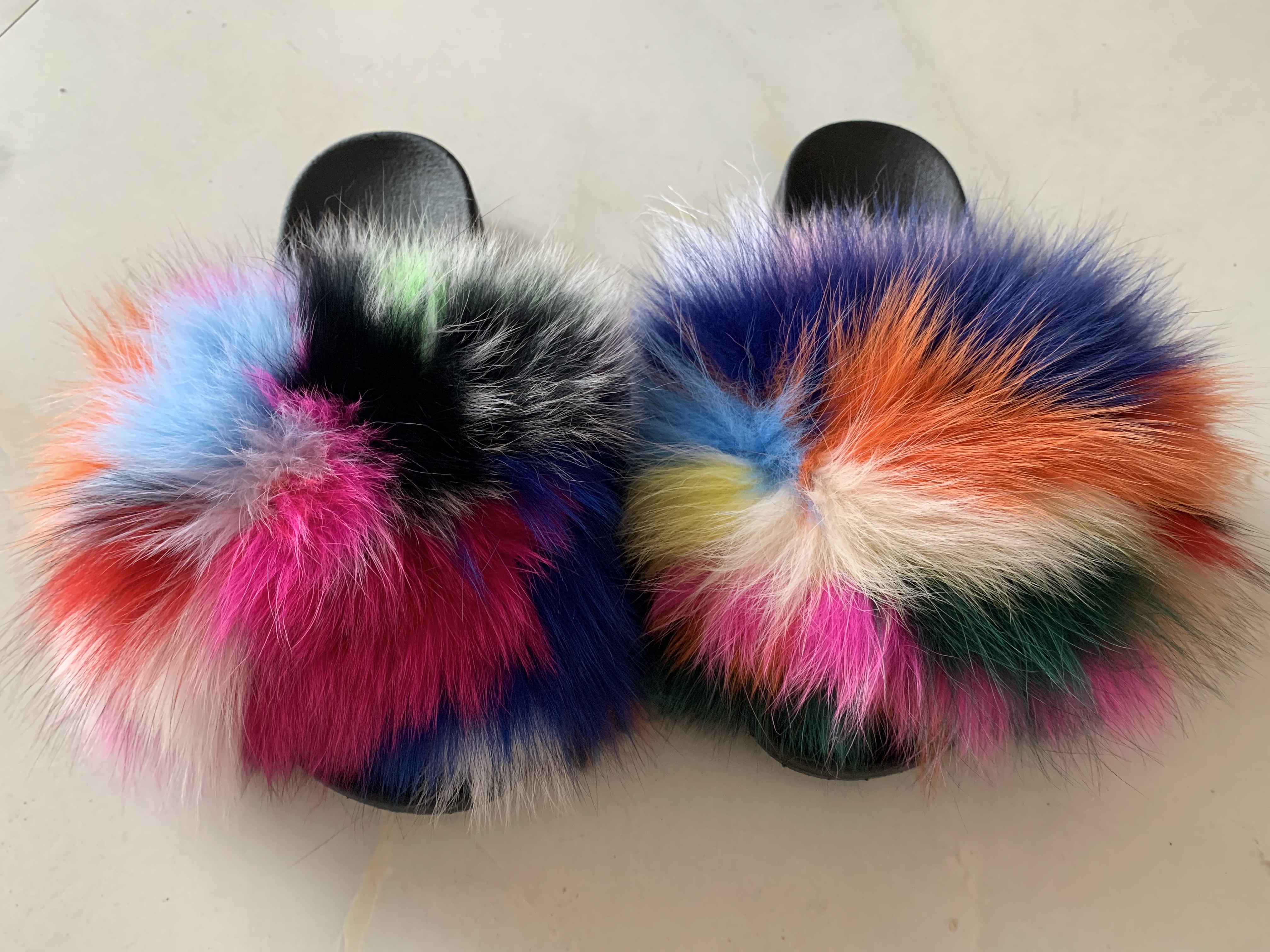rainbow fox fur slides