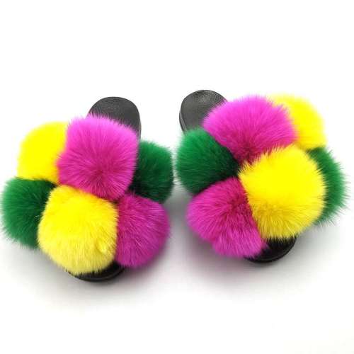 Fox Fur Ball Pompom Slides Slippers