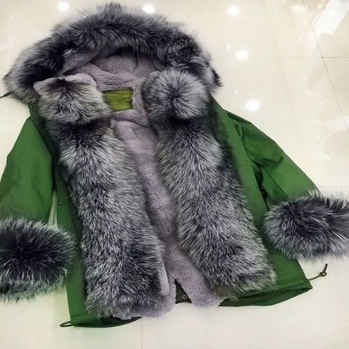 Natural Real Silver Fox Fur Long Vest Winter Jacket Women Coat Parka