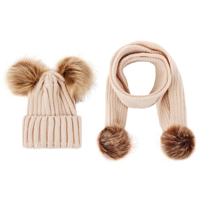 TZ-2 Winter Faux Fur Ball Hats Caps Kids Warm Scarf Hats