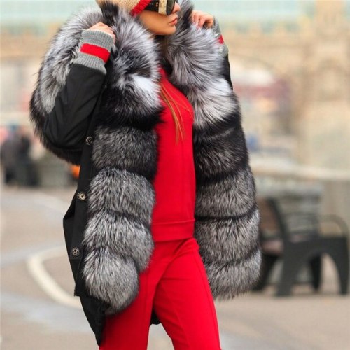 8099 Large Fur Collar Hooded Coat Warm Fox Fur Liner Parkas Long Winter Jacket