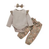 194602 Winter Girls Ruffles Solid Romper Bodysuits+Floral Pants+headband Outfits