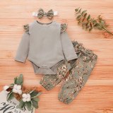 194602 Winter Girls Ruffles Solid Romper Bodysuits+Floral Pants+headband Outfits