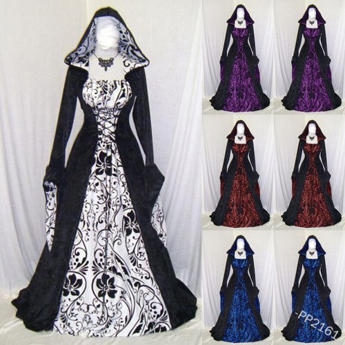 PP2161 Women Medieval Queen Princess Hooded Gown Robe Maxi Dress Dresses