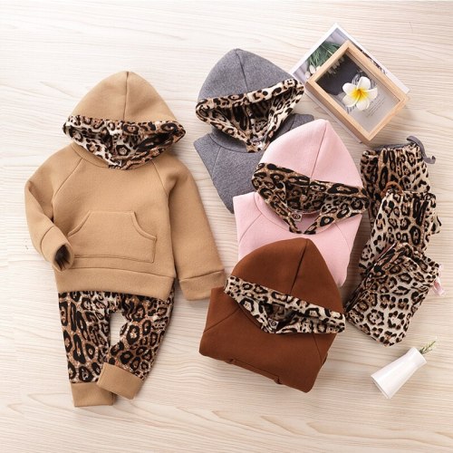 HYJ0350 Winter Children Clothes Sets Leopard Print Hooded Padded Sweater+Pants Bodysuits