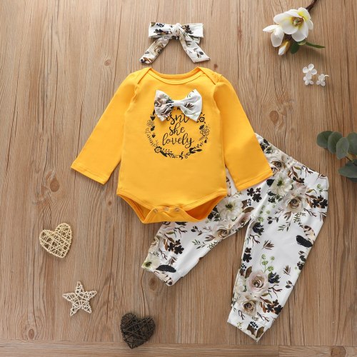 SH2039# Newborn Baby Girl Long Sleeve Romper +Long Pants+Headband Autumn Bodysuits