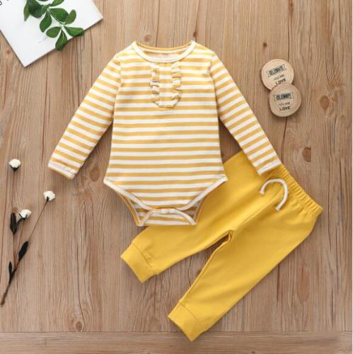 Toddler Long Sleeve O-neck Striped Tops + Solid Color Long Pants 1389208