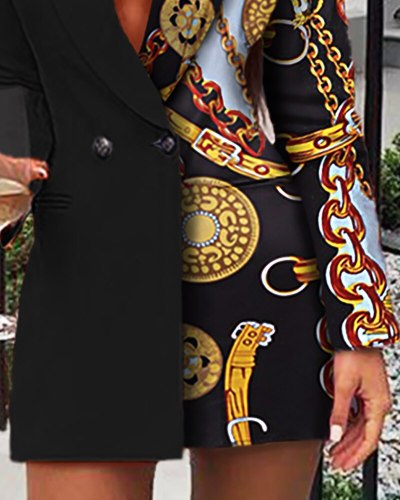 BLZW0565 Women Long Sleeve Chain Printed Blazer Dress Coat Coats