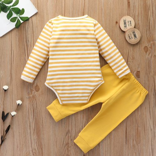 Toddler Long Sleeve O-neck Striped Tops + Solid Color Long Pants 1389208