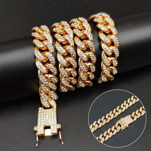 Bling Rhinestone Finish Miami Cuban Link Chain Necklace Men's Hip hop Necklaces