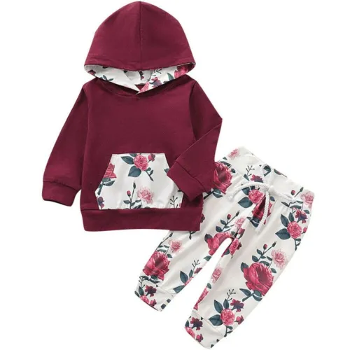 Cute Newborn Baby Girl Rose Printing Hooded Tops Long Pants 2pcs Outfits Bodysuits 1389213