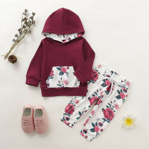 Cute Newborn Baby Girl Rose Printing Hooded Tops Long Pants 2pcs Outfits Bodysuits 1389213
