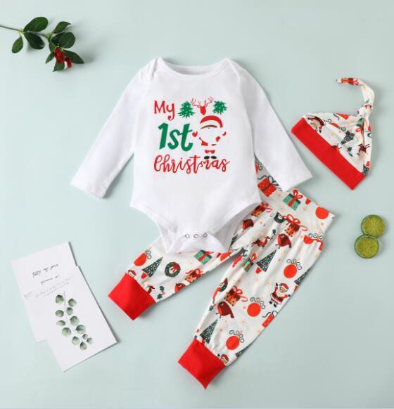 BLSH2052# Girls and Boys Long Sleeve Round Collar Romper+Long Pants+Hat Bodysuits