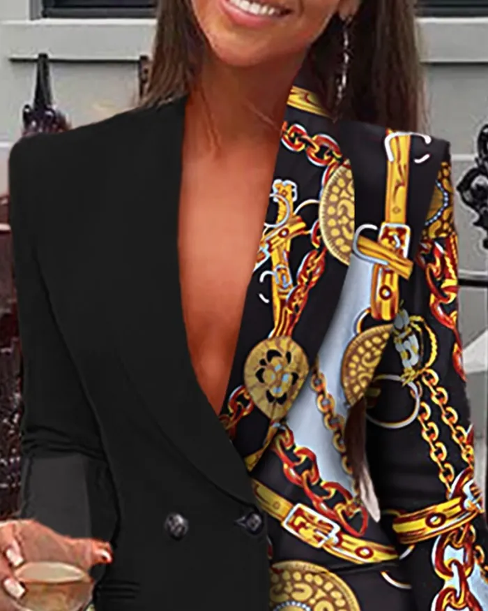 BLZW0565 Women Long Sleeve Chain Printed Blazer Dress Coat Coats