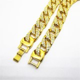 Iced Out Bling Rhinestone Golden Finish Miami Cuban Link Chain Necklace Necklaces