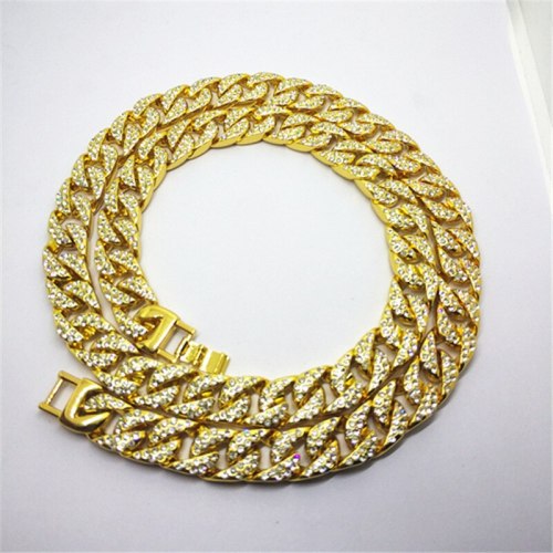 Iced Out Bling Rhinestone Golden Finish Miami Cuban Link Chain Necklace Necklaces