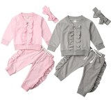 Kids Baby Girls  Long Sleeve Pink Cotton Top+Ruffles Pants+Headband 3pcs Bodysuits 1397566