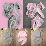 Kids Baby Girls  Long Sleeve Pink Cotton Top+Ruffles Pants+Headband 3pcs Bodysuits 1397566