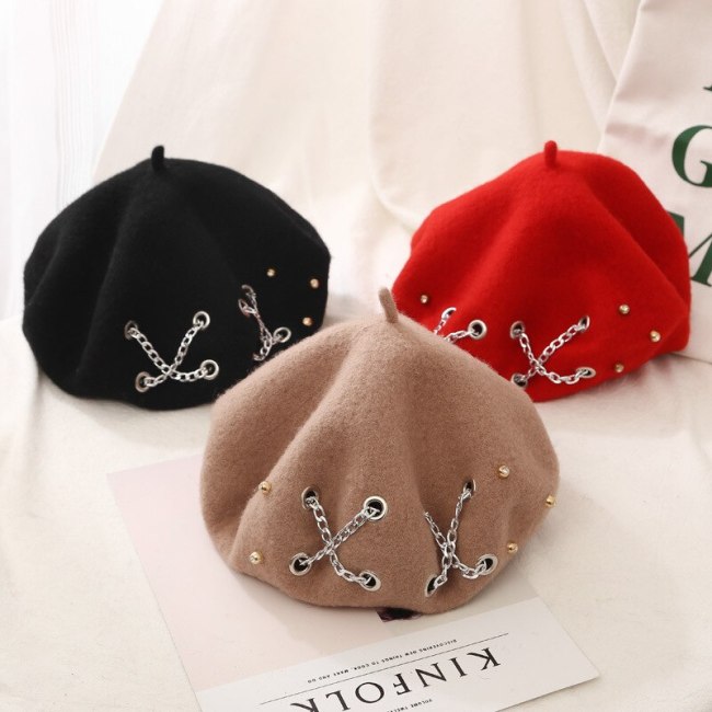 Autumn Winter Wool Blendedn Chain Lady  Beret Hat Hats 1398934